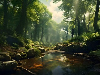 Dense Forest with Sunlight Filtering Through Canopy