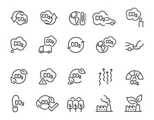Set of CO2 Related Vector Line Icons. Contains such Icons as Emission levels, Green Production, Earth and more. Editable Stroke. 