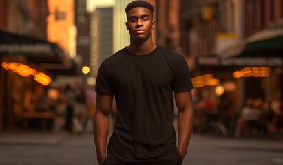 a man wears a black tshirt in the city