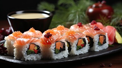 Delicious Japanese sushi rolls on a Christmas holiday background. New Year banner template for sushi restaurant, holiday discounts and winter menu, copyspace, Generative AI