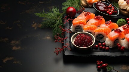 Obraz na płótnie Canvas Delicious Japanese sushi rolls on a Christmas holiday background. New Year banner template for sushi restaurant, holiday discounts and winter menu, copyspace, Generative AI