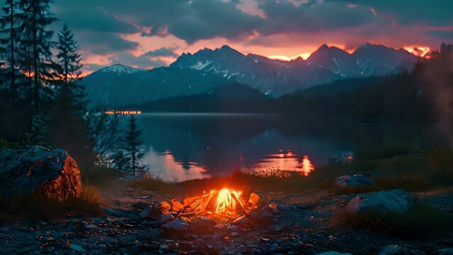 A Bonfire Burning in the Forest in Evening. Flaming Campfire. Fireplace in Nature Static Shot, Slow Motion mountain landscape and lake. Camping in the mountains by night