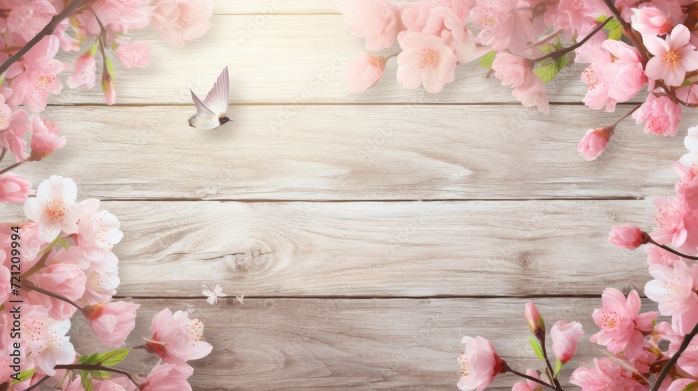 Wall mural spring background with wooden planks, copy space - generative ai