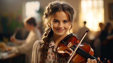 Happy smiling teenage girl playing violin in classroom at school background. Music school, additional creative classes, additional education course for children, Generative AI