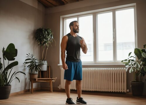 A man warming up for a morning workout indoors from Generative AI