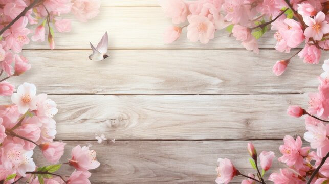 spring background with wooden planks, copy space - generative ai