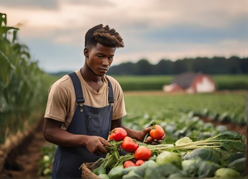 Young man harvesting fresh vegetables on a farm from Generative AI