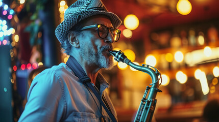 Mature stylish Man musician in Club, man playing the musicians instrument in lively Jazz bar .