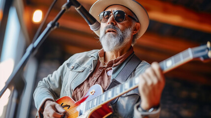 Mature stylish Man musician in Club, man playing the musicians instrument in lively Jazz bar .