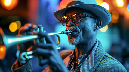 Mature stylish Man musician in Club, man playing the musicians instrument in lively Jazz bar . - obrazy, fototapety, plakaty