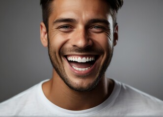 Naklejka premium Close up of young man laughing and Cheerful looking at camera on black background from Generative AI
