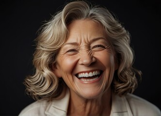 Close up of senior woman laughing and Cheerful middle-aged looking at camera on black background from Generative AI