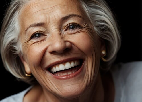 Close up of senior woman laughing and Cheerful middle-aged looking at camera on black background from Generative AI