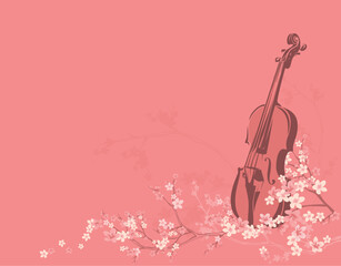violin among blooming sakura tree flower branches - classical musical instrument ready for spring season outdoor concert performance vector copy space background