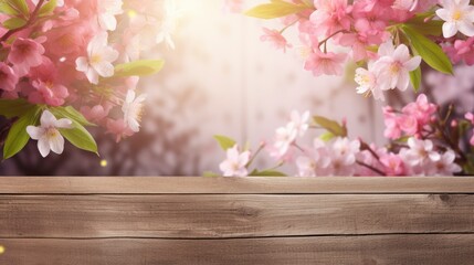 spring background with wooden planks, copy space - generative ai