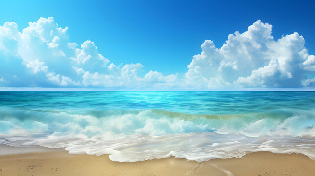 Summer background illustration featuring a painting of a tropical beach with palm trees and flowers. A wide expanse of turquoise water and a clear blue sky adorned with a few wispy white clouds.