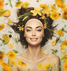 Young women face with beautiful healthy skin in yellow flowers frame. Beauty and natural skin care, spa and wellness concept