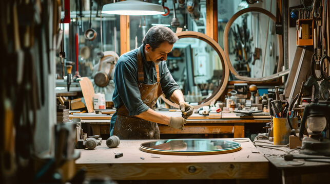 Craftsman manufacturing a mirror in his workshop