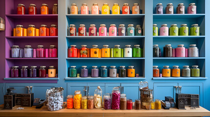 Colorful Jars on Store Shelves	Rows of colorful jars or containers neatly arranged on store shelves, displaying a vibrant array of colors and products.