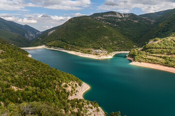 Obraz na płótnie Canvas Aerial view of lake Fiastra in Sibillini mountains. Marche, Italy.