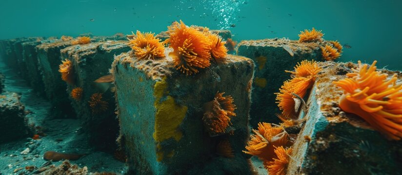 Marine life and bright orange sponge covering artificial reef made of concrete blocks.