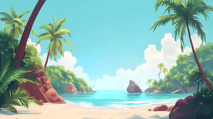  Summer background illustration featuring a painting of a tropical beach with palm trees and flowers. A wide expanse of turquoise water and a clear blue sky adorned with a few wispy white clouds. © jex
