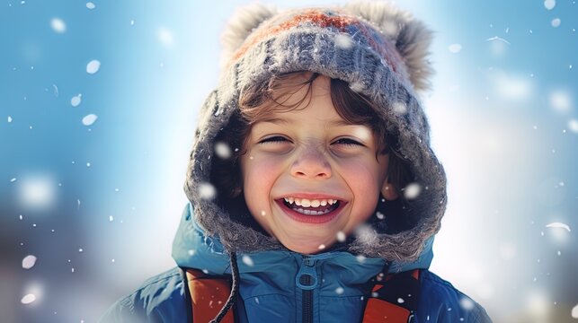 In the winter snow, a young boy joyfully laughs with his tongue sticking out.