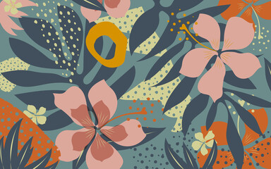 Hibiscus flowers and tropical palm leaves form a modern tropical abstract summer horizontal collage banner. 