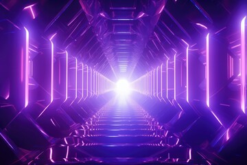 Abstract futuristic technology with neon hexagon tunnel and ultraviolet light.