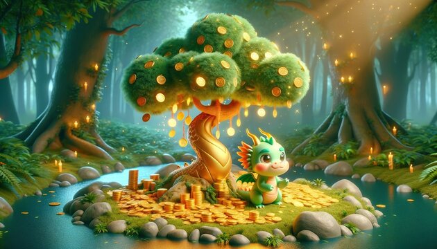 A little dragon sits guarding over a treasure. Beneath the tree that bears gold coins