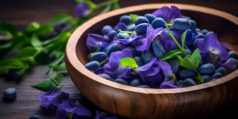 Nature's Palette.Fresh Blue Pea in a Wooden Bowl