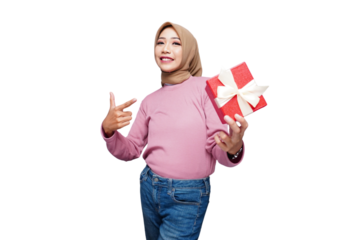 Hijab muslim woman with gift box isolated transparent