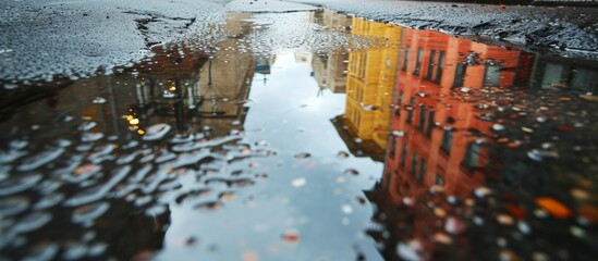 Captivating Street Reflections on a Rainy Day - Puddles Reflecting the Serene Charm of a Rainy Street