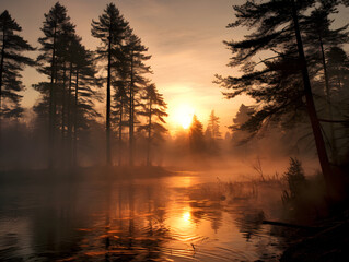 Misty forest scene with lake at sunset