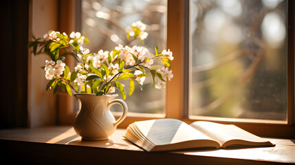 Open book on a wooden table, some flowers and natural light from a window. Warm atmosphere, relaxation and comfort.