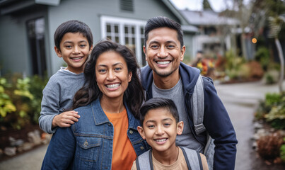 Portrait of Happy Family: Multi-Ethnic Parents and Kids by House