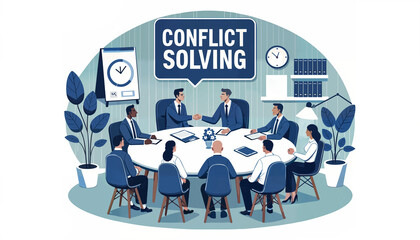 Illustration of a round table meeting where a manager is mediating between two team members who are in conflict, while others watch with concern. Above the table hovers the text 'Conflict Solving'.