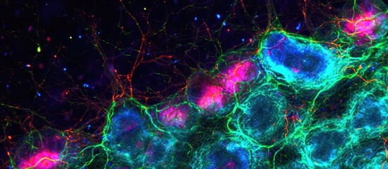 Immunofluorescence-recorded mouse brain section shows distinctive Purkinje cells in the cerebellar folium, via confocal laser scanning microscopy. - obrazy, fototapety, plakaty
