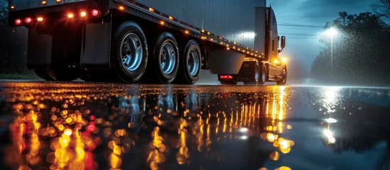 Foto op Canvas Semi truck reflects in rainy evening car lights. © 2rogan