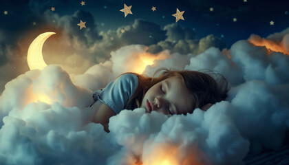 Obraz na płótnie Canvas angelic girl child sleeps in fairy clouds