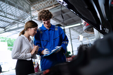 Car mechanic or manager Inspecting work to evaluate repair quotations for customers at the auto...