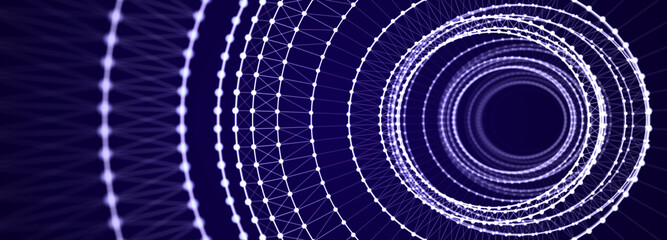 Abstract tunnel of dots and lines. 3D wormhole with a mesh structure. Vortex. 3d rendering
