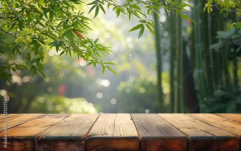 Wall mural Rustic wooden table amidst nature serene setting for summer embrace. Green leaves in spring light background blurring into sun kissed forest. Bright fresh mornings on blank tabletop garden beauty