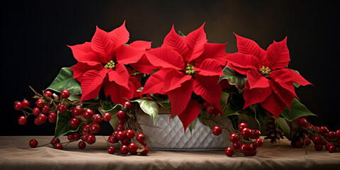 holly berries in a vase, Holly Flower, Beautiful poinsettia in flowerpot, gifts and christmas balls on wooden table on dark background,  Generative AI