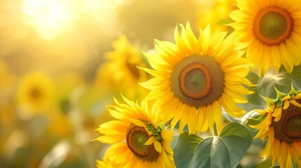 Fototapeta premium A field of blooming sunflowers A beautiful sunset over big golden sunflower field in the countryside Sunflowers are growing in the evening field. Atmospheric summer wallpaper, space for text