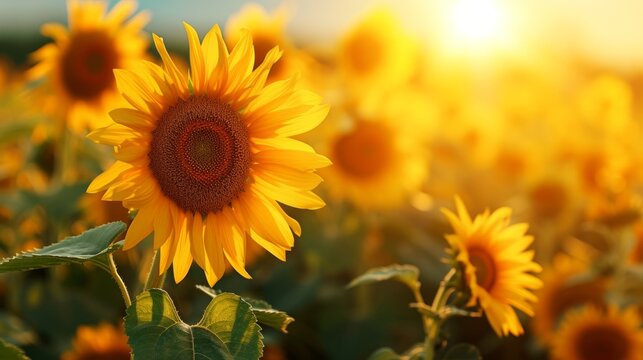 A field of blooming sunflowers A beautiful sunset over big golden sunflower field in the countryside Sunflowers are growing in the evening field. Atmospheric summer wallpaper, space for text