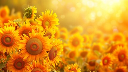 Naklejka premium A field of blooming sunflowers A beautiful sunset over big golden sunflower field in the countryside Sunflowers are growing in the evening field. Atmospheric summer wallpaper, space for text