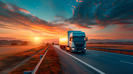 Overtaking trucks on an asphalt road in a rural landscape at sunset.  generative ai