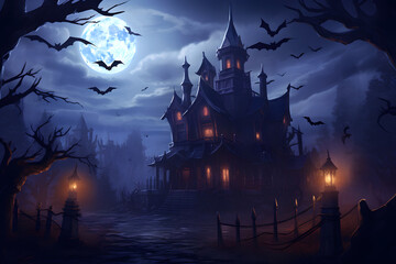 Haunted mansion with ghosts and bats in moonlight background