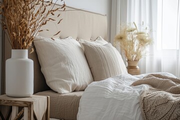 Modern house interior details. Simple cozy beige bedroom interior with bed headboard, linen bedding, bedside table and natural decorations, closeup. Generative AI - obrazy, fototapety, plakaty